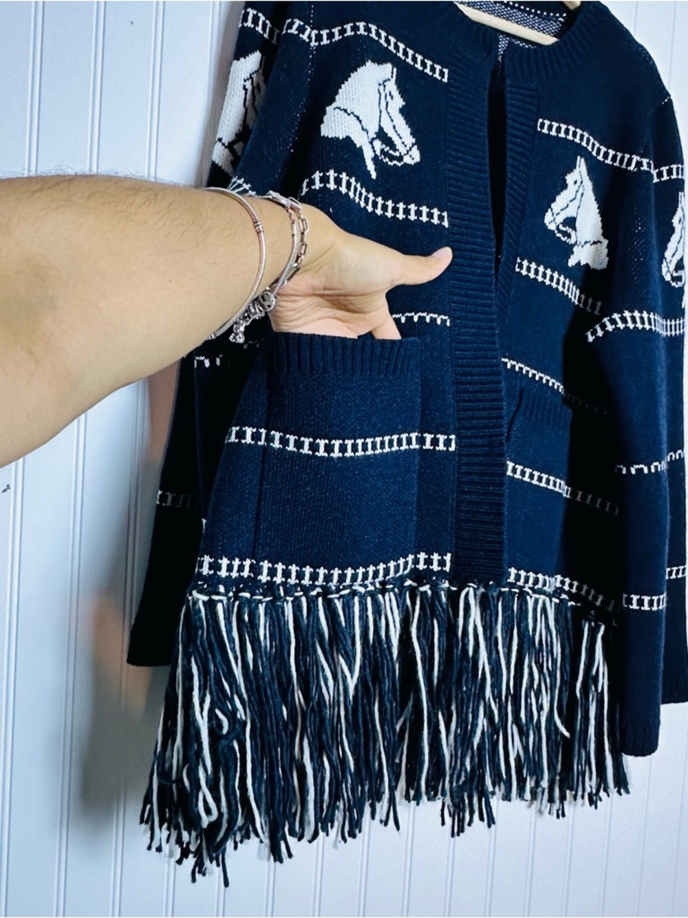 COMMENSE Horse-Pattern Wool Blend Fringe Cardigan XL - Picture 10 of 16